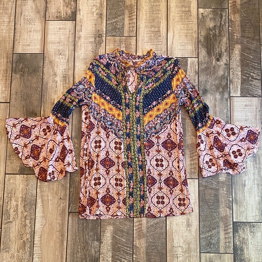Altar’d State Bohemian Colorful Ruffled Bell Sleeve Dress - Picture 2 of 11
